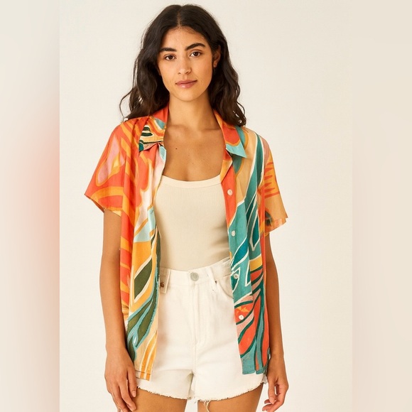 Vitamin A Retro Jungle Linen Blend Button Up Tropical Shirt Orange & Green SZ Sm - Picture 1 of 8